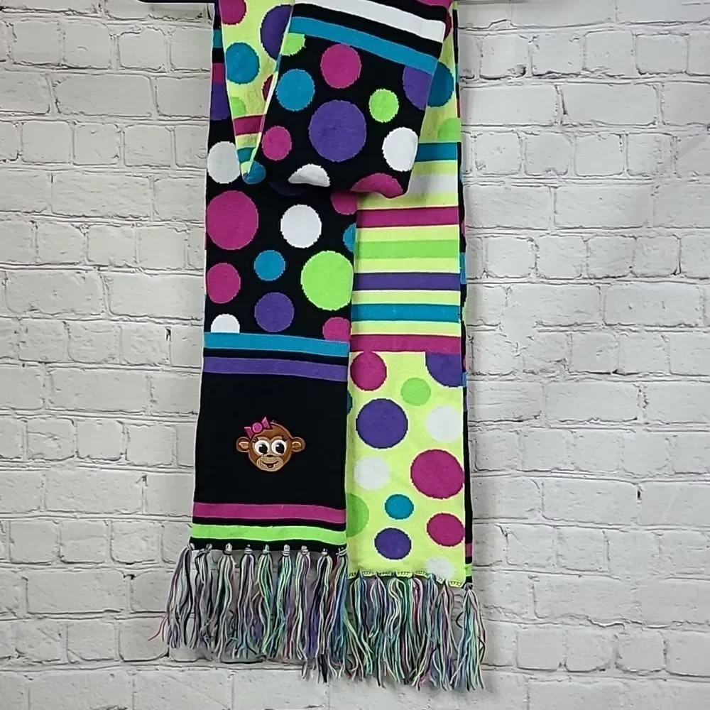 Justice Colorful Reversible Knit Fringe Trim Monkey Embroidered Long Scarf Dots